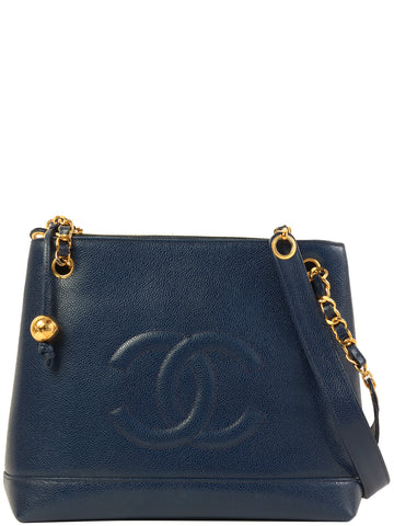 CHANEL Around 1992 Made Caviar Skin Cc Mark Stitch Chain Tote Bag Navy