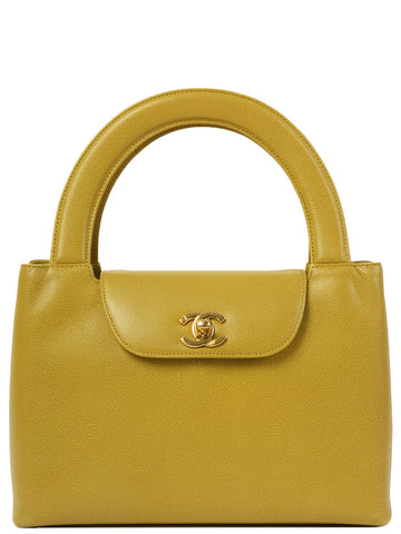 CHANEL Around 1998 Made Caviar Skin Turn-Lcok Top Handle Bag Lime Yellow