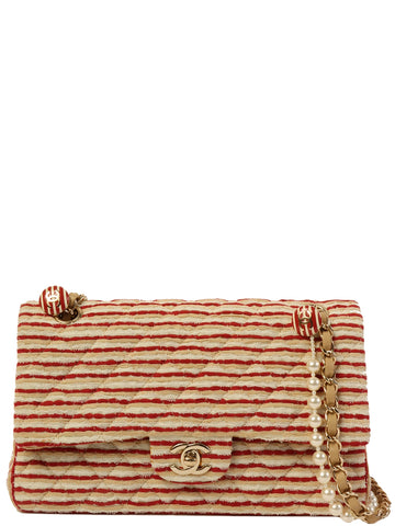 CHANEL Around 2014 Made Cotton Striped Classic Flap Chain Bag Beige/Red/White