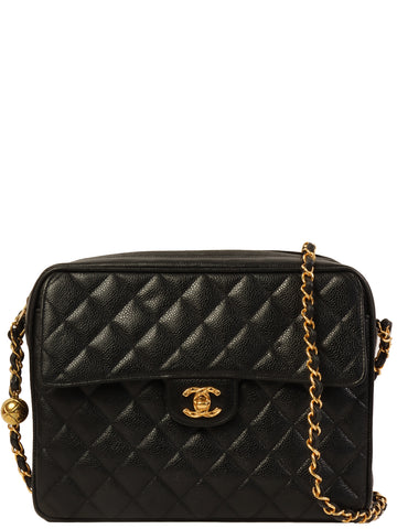 CHANEL Around 1995 Made Caviar Skin Turn-Lock Ball Charm Shoulder Bag Black