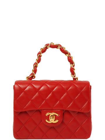 CHANEL Around 1990 Made Classic Flap Chain Top Handle Bag Mini Red