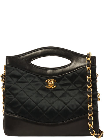 CHANEL Around 1990 Made Leather Satin Combination Turn-Lock 2Way Chain Bag Black