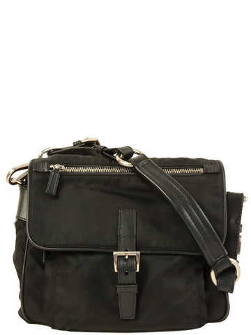 PRADA Nylon Leather Combination Logo Plate Shoulder Bag Black