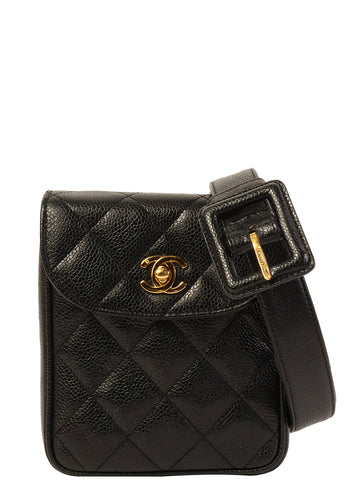 CHANEL Around 1995 Made Caviar Skin Turn-Lock Waist Bag Black