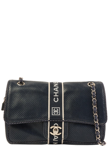 CHANEL Around 2004 Made Sport Line Punching Turn-Lock Chain Bag Navy/White