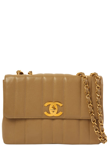 CHANEL Around 1995 Made Caviar Skin Mademoiselle Stitch Turn-Lock Chain Bag Mocha Beige