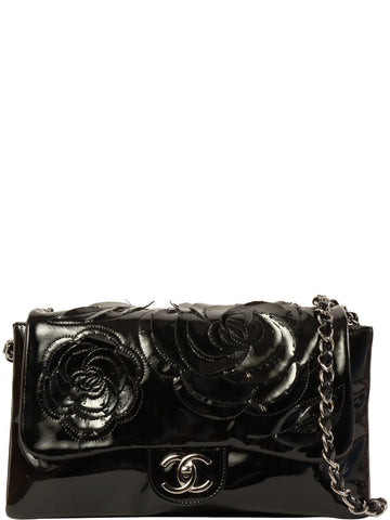 CHANEL Around 2010 Made Patent Camellia Turn-Lock Chain Bag Black