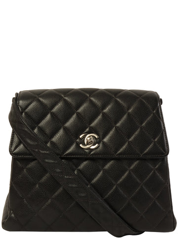 CHANEL Around 1997 Made Caviar Skin Turn-Lock Shoulder Bag Black