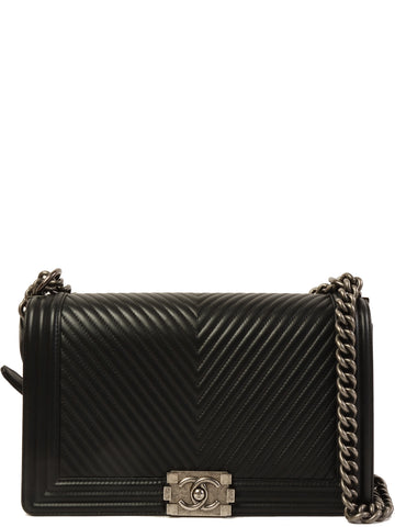 CHANEL Around 2014 Made Boy  Chevron Sticth Shoulder Bag Black