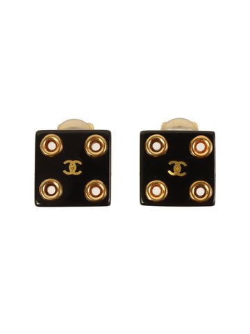 CHANEL 2001 Made Square Punching Cc Mark Earrings Black/Gold