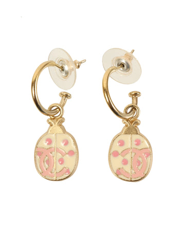 CHANEL 2007 Ladybug Motif Cc Mark Swing Pierced Earrings Gold/Ivory/Pink