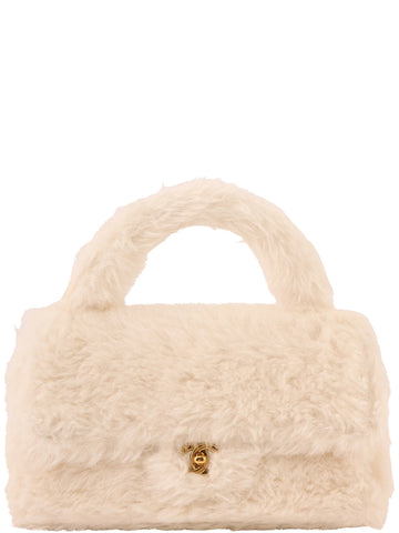 CHANEL Around 1992 Made Fur Turn-Lock Top Handle Bag Off White