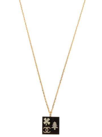 CHANEL 2003 Made Square Clover Tree Cc Mark Necklace Black