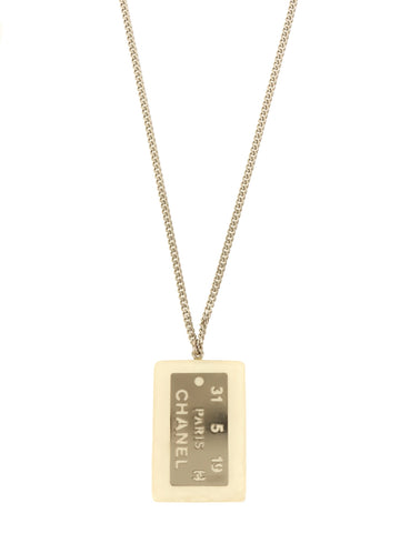 CHANEL Logo Plate Necklace Silver/Marble