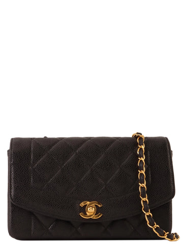 CHANEL Around 1992 Made Caviar Skin Diana Flap Chain Bag 22Cm Black