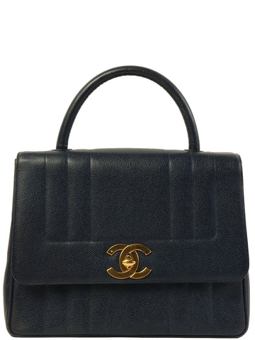 CHANEL Around 1995 Made Caviar Skin Mademoiselle Stitch Turn-Lock Top Handle Bag Navy