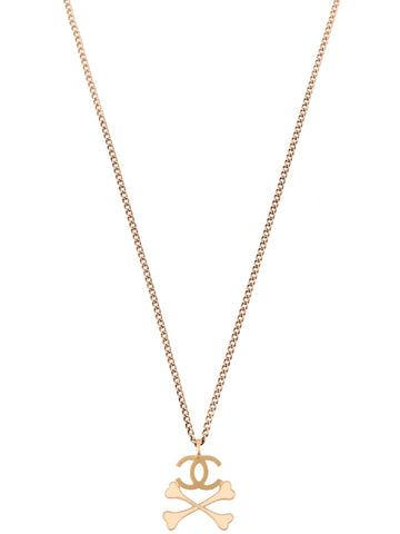 CHANEL 2003 Made Cross Bone Cc Mark Necklace Gold/Ivory