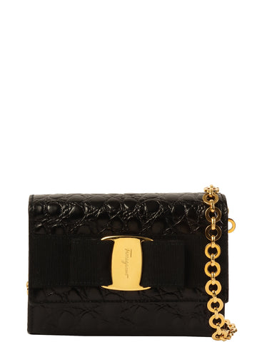 SALVATORE FERRAGAMO Crocodile Pattern Vara Bow Mini Chain Shoulder Bag Black