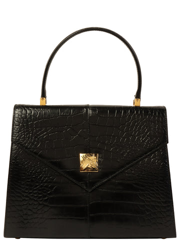 YVES SAINT LAURENT Crocodile Pattern Logo Plate Top Handle Bag Black