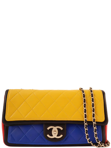 CHANEL Around 2014 Made Mondrian Tricolore Turn-Lock Chain Shoulder Bag Yellow/Blue/Red