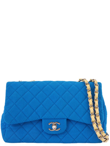 CHANEL Around 2009 Made Cotton Patent Combination Turn-Lock Chain Shoulder Bag Blue/Cream