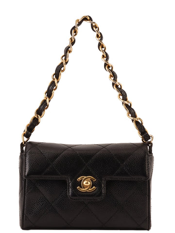 CHANEL Around 2000 Made Caviar Skin Design Flap Turn-Lock Mini Chain Top Handle Bag Black