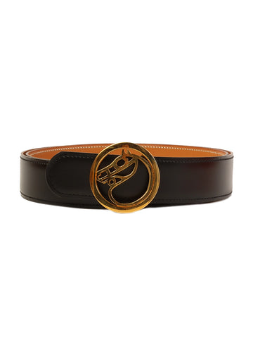 HERMES 1989 Made Circle Horse Buckle Belt Black/Gold