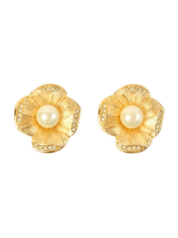 DIOR Flower Motif Pearl Earrings Gold