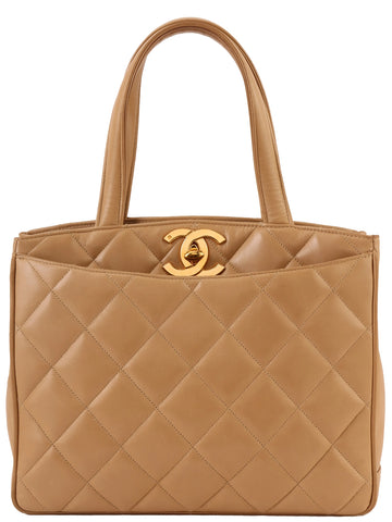 CHANEL Around 1995 Made Turn-Lock Tote Bag Beige