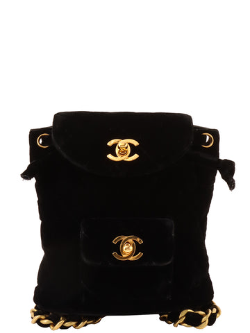 CHANEL Around 1995 Made Velvet Double Turn-Lock Backpack Mini Black