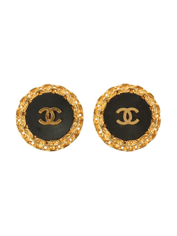 CHANEL 1992 Made Chain Motif Round Cc Mark Earrings Black/Gold