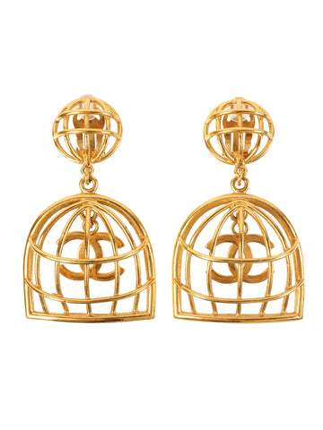CHANEL 1993 Made Bird Cage Cc Mark Swing Earrings Gold