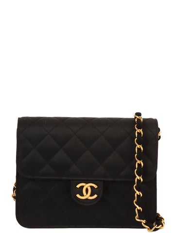 CHANEL Around 1985~1990 Made Silk Satin Cc Mark Plate Chain Bag Mini Black