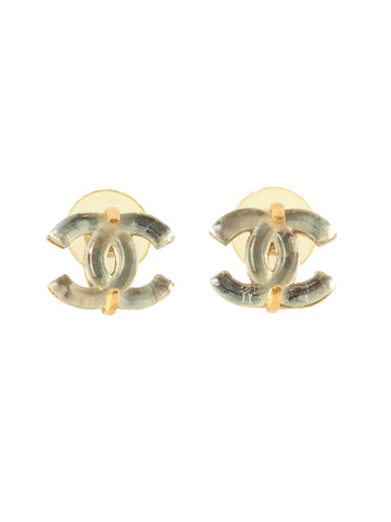 CHANEL 2002 Made Cc Mark Plate Pierced Earrings Clear/Gold