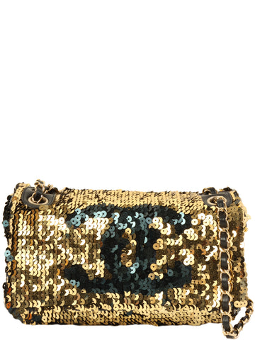 CHANEL Around 2008 Made Sequin Cc Mark Chain Bag Gold/Black