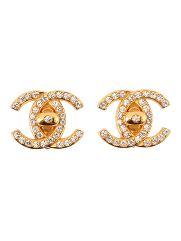 CHANEL 1997 Made Rhinestone Turn-Lock Earrings Gold