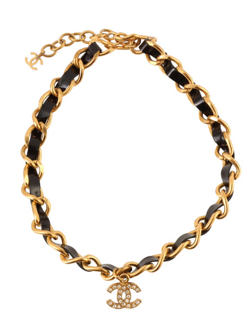 CHANEL Patent Rhinestone Cc Mark Chain Choker Gold/Black