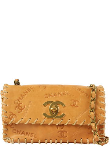 CHANEL Around 1992 Made Logo Embossed Big Turn-Lock Chain Bag Camel