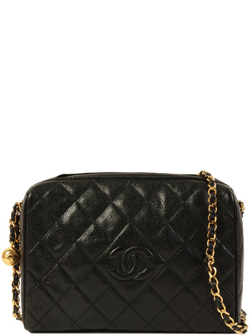 CHANEL Around 1992 Made Caviar Skin Cc Mark Stitch Chain Shoulder Bag Black