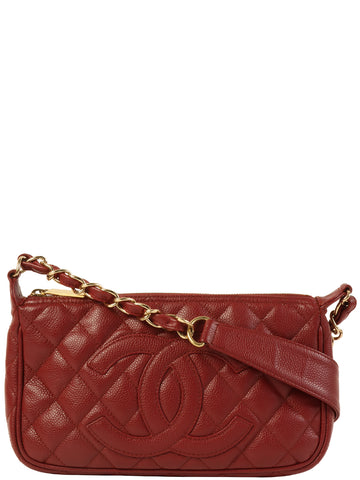 CHANEL Around 2003 Made Caviar Skin Cc Mark Stitch Shoulder Bag Red