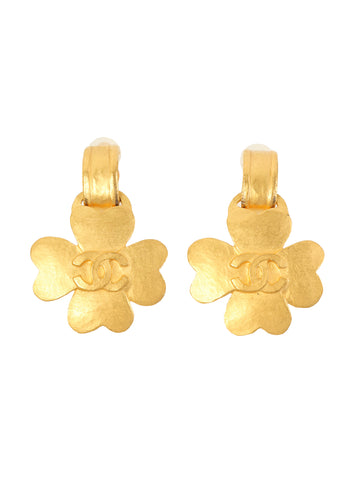 CHANEL 1995 Made Clover Cc Mark Swing Earrings Gold