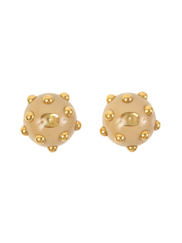 CHANEL 2000 Made Round Dotted Studs Cc Mark Earrings Beige