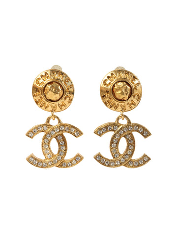 CHANEL Rhinestone Cc Mark Swing Earrings Gold