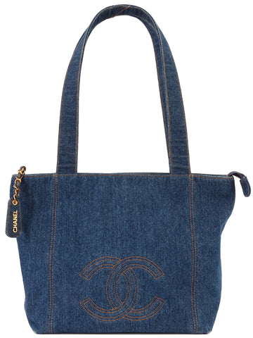 CHANEL Around 1997 Made Denim Cc Mark Stitch Tote Bag Indigo