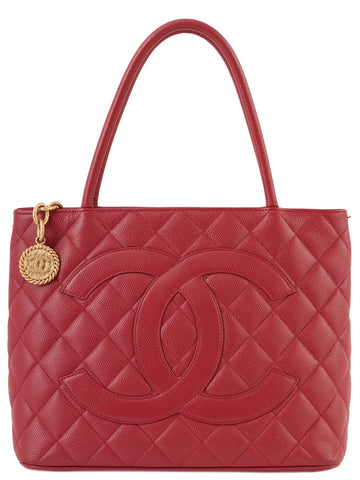 CHANEL Around 2000 Made Caivar Skin Cc Mark Stitch Revival Tote Bag Red