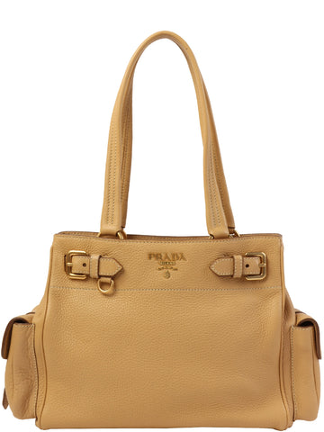 PRADA Logo Plate Tote Bag Beige