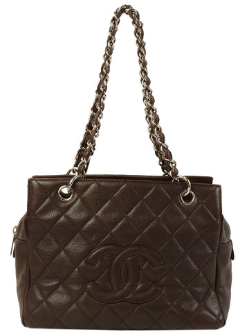 CHANEL Around 2008 Made Caviar Skin Cc Mark Stitch Chain Tote Bag Dark Brown