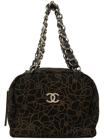 CHANEL Around 2004 Made Camellia Pattern Cc Mark Chain Top Handle Bag Black/Silver