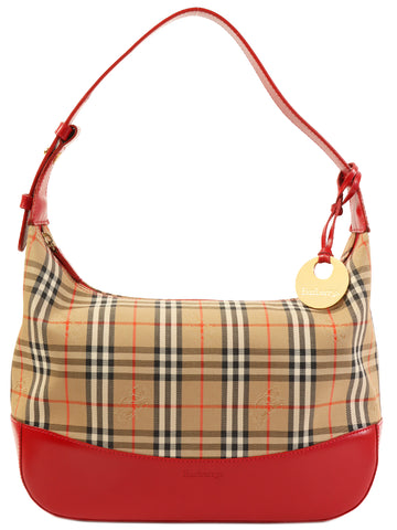 BURBERRY Nova Check Pattern Logo Charm Handle Bag Red/Beige