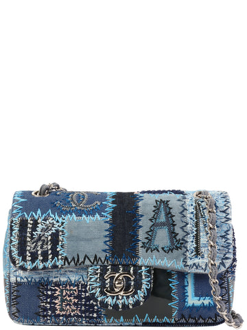 CHANEL Around 2014 Made Patchwork Classic Flap Chain Shoulder Bag Blue/Multi